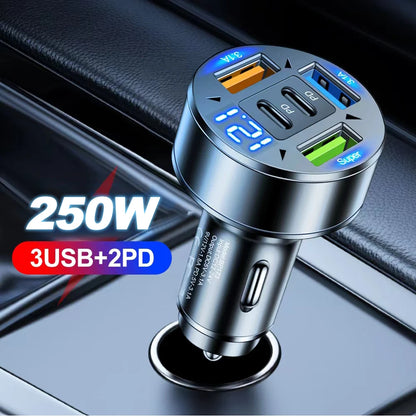 250W 5 Ports Car Charger Fast Charging PD QC3.0 USB C Car Phone Charger Adapter With Voltage For iPhone Samsung Huawei Xiaomi